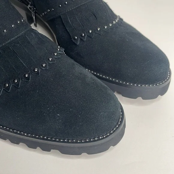 Vaneli M black suede leather kiltie ankle boot with silver toned studs, size 8N - Picture 3 of 11